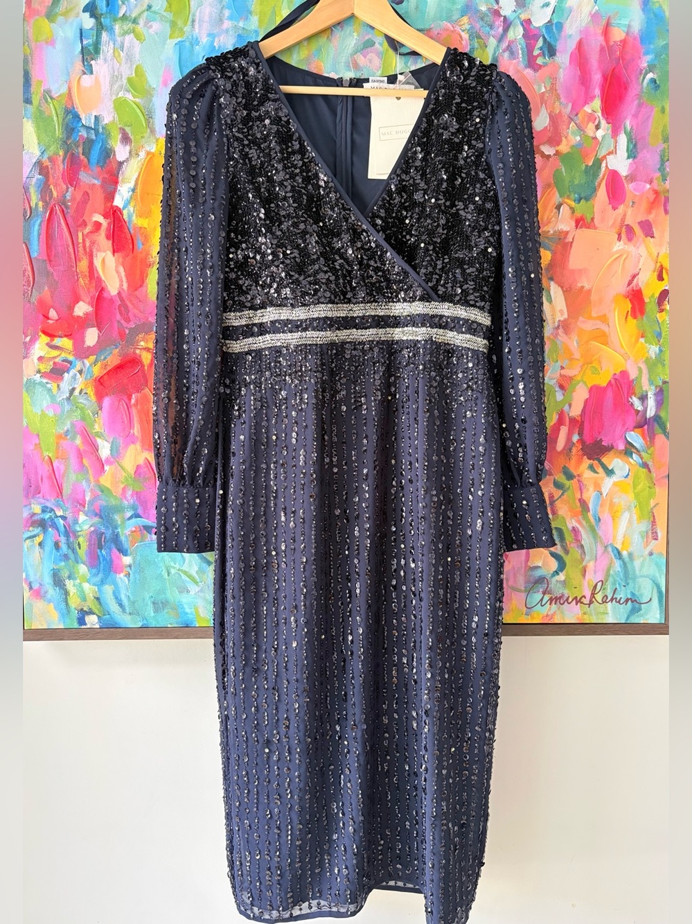 Mac Duggal 93593 Navy Sequin Midi Dress Size 12 NWT